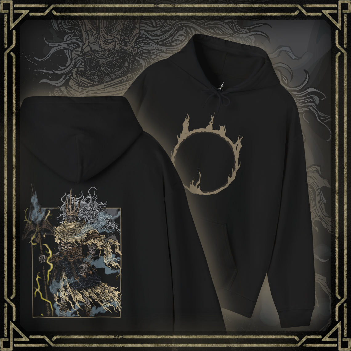 Thumbnail of a Hooded Sweatshirt showcasing the Nameless King from Dark Souls, a towering figure wreathed in lightning and myth. Once Gwyn’s heir, he severed ties with his kin to follow the path of dragons, earning exile and erasure from history. This design highlights his flowing golden mane, ornate armor, and mastery of the storm—embodying one of the game’s most challenging and awe-inspiring boss fights.