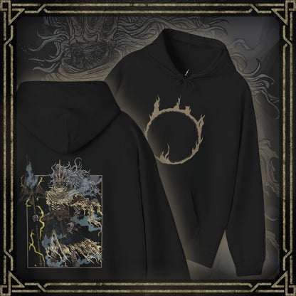 Thumbnail of a Hooded Sweatshirt showcasing the Nameless King from Dark Souls, a towering figure wreathed in lightning and myth. Once Gwyn’s heir, he severed ties with his kin to follow the path of dragons, earning exile and erasure from history. This design highlights his flowing golden mane, ornate armor, and mastery of the storm—embodying one of the game’s most challenging and awe-inspiring boss fights.