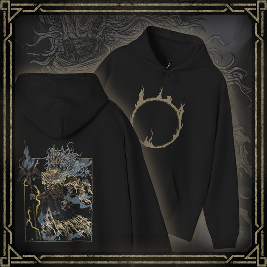Thumbnail of a Hooded Sweatshirt showcasing the Nameless King from Dark Souls, a towering figure wreathed in lightning and myth. Once Gwyn’s heir, he severed ties with his kin to follow the path of dragons, earning exile and erasure from history. This design highlights his flowing golden mane, ornate armor, and mastery of the storm—embodying one of the game’s most challenging and awe-inspiring boss fights.