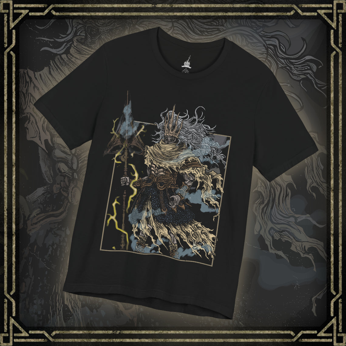 Thumbnail of a T-shirt featuring the Nameless King from Dark Souls III, the forgotten son of Gwyn and slayer of dragons who forsook his throne to ally with the storm. Mounted atop his Stormdrake, King of the Storm, he commands lightning and wind with divine authority. This design captures the epic scale of his battle, symbolizing betrayal, divine wrath, and the hidden legacy of the gods.