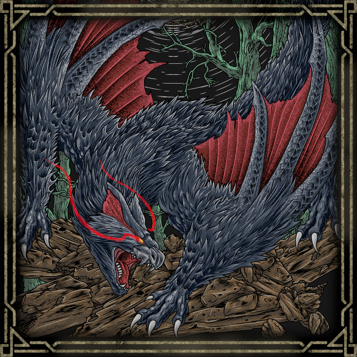 Concept Art of Nargacuga Shadow of the Forest. Nargacuga embodies the perfect balance of speed and lethality in the world of Monster Hunter. Unlike brute-force monsters, it overwhelms hunters through relentless movement and calculated strikes. Its sleek black body, piercing red eyes, and acrobatic combat style have made Nargacuga a fan-favorite wyvern across the series.