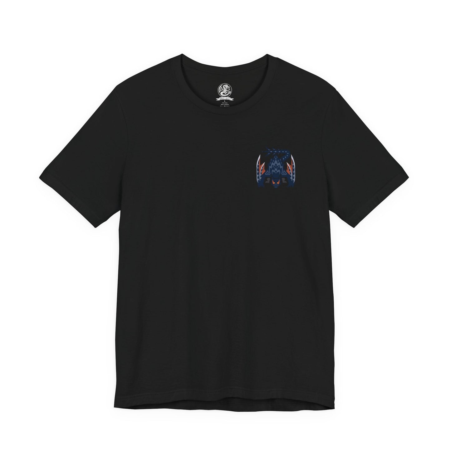 Image 4 of a T-Shirt artwork depicting Nargacuga leaping through moonlit trees with blinding speed, claws extended and wings spread wide as debris scatters beneath it. Purple mist and drifting leaves surround the sleek wyvern, emphasizing silent movement and deadly agility. This design reflects the monster’s assassin-like hunting style and the constant tension of being stalked in darkness.