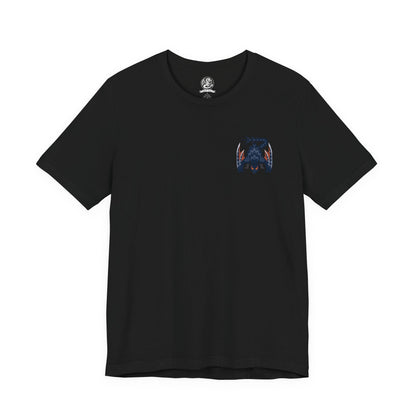 Image 4 of a T-Shirt artwork depicting Nargacuga leaping through moonlit trees with blinding speed, claws extended and wings spread wide as debris scatters beneath it. Purple mist and drifting leaves surround the sleek wyvern, emphasizing silent movement and deadly agility. This design reflects the monster’s assassin-like hunting style and the constant tension of being stalked in darkness.