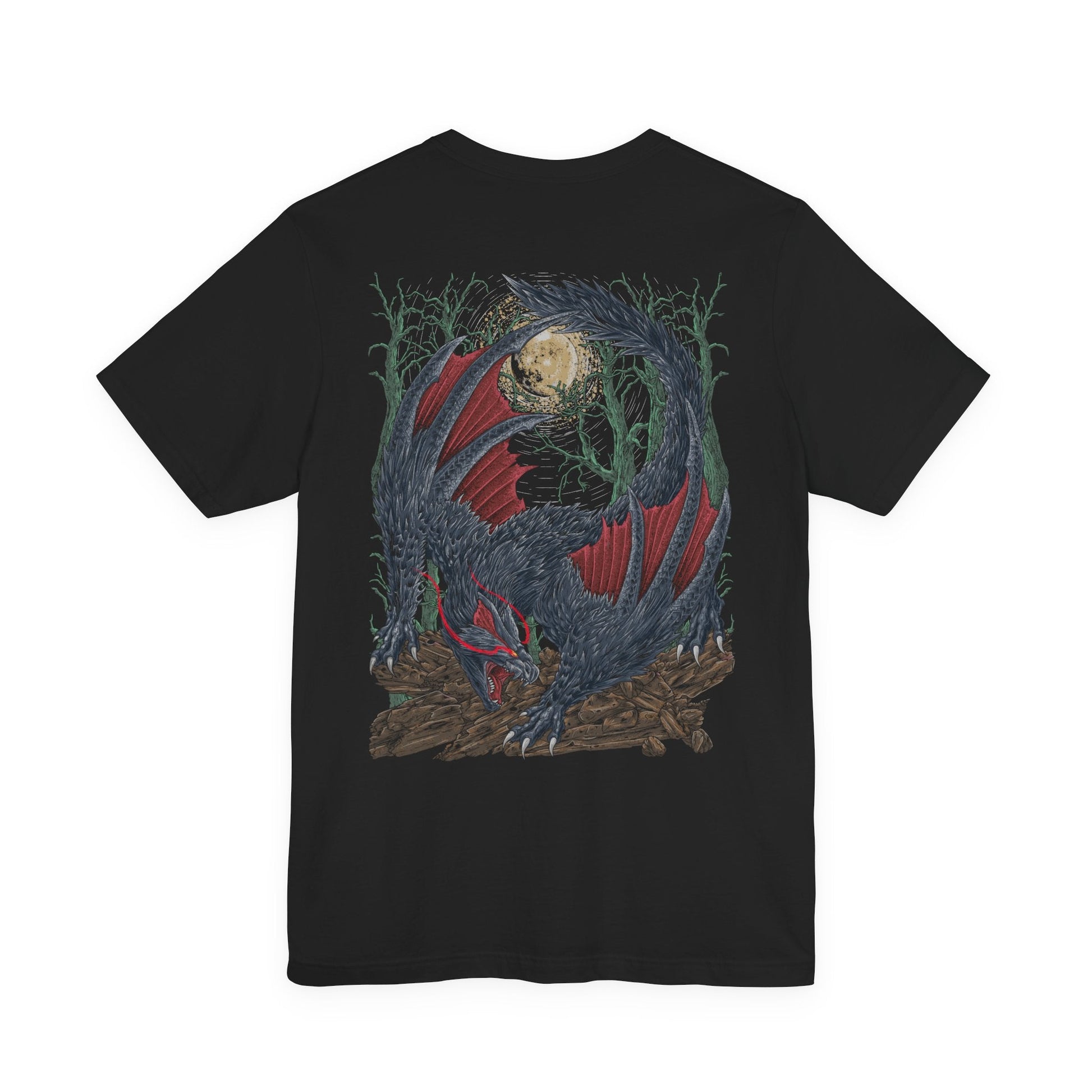 Image 5 of a T-Shirt artwork depicting Nargacuga leaping through moonlit trees with blinding speed, claws extended and wings spread wide as debris scatters beneath it. Purple mist and drifting leaves surround the sleek wyvern, emphasizing silent movement and deadly agility. This design reflects the monster’s assassin-like hunting style and the constant tension of being stalked in darkness.