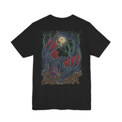 Image 5 of a T-Shirt artwork depicting Nargacuga leaping through moonlit trees with blinding speed, claws extended and wings spread wide as debris scatters beneath it. Purple mist and drifting leaves surround the sleek wyvern, emphasizing silent movement and deadly agility. This design reflects the monster’s assassin-like hunting style and the constant tension of being stalked in darkness.