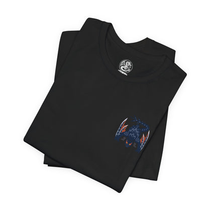 Image 6 of a T-Shirt artwork depicting Nargacuga leaping through moonlit trees with blinding speed, claws extended and wings spread wide as debris scatters beneath it. Purple mist and drifting leaves surround the sleek wyvern, emphasizing silent movement and deadly agility. This design reflects the monster’s assassin-like hunting style and the constant tension of being stalked in darkness.
