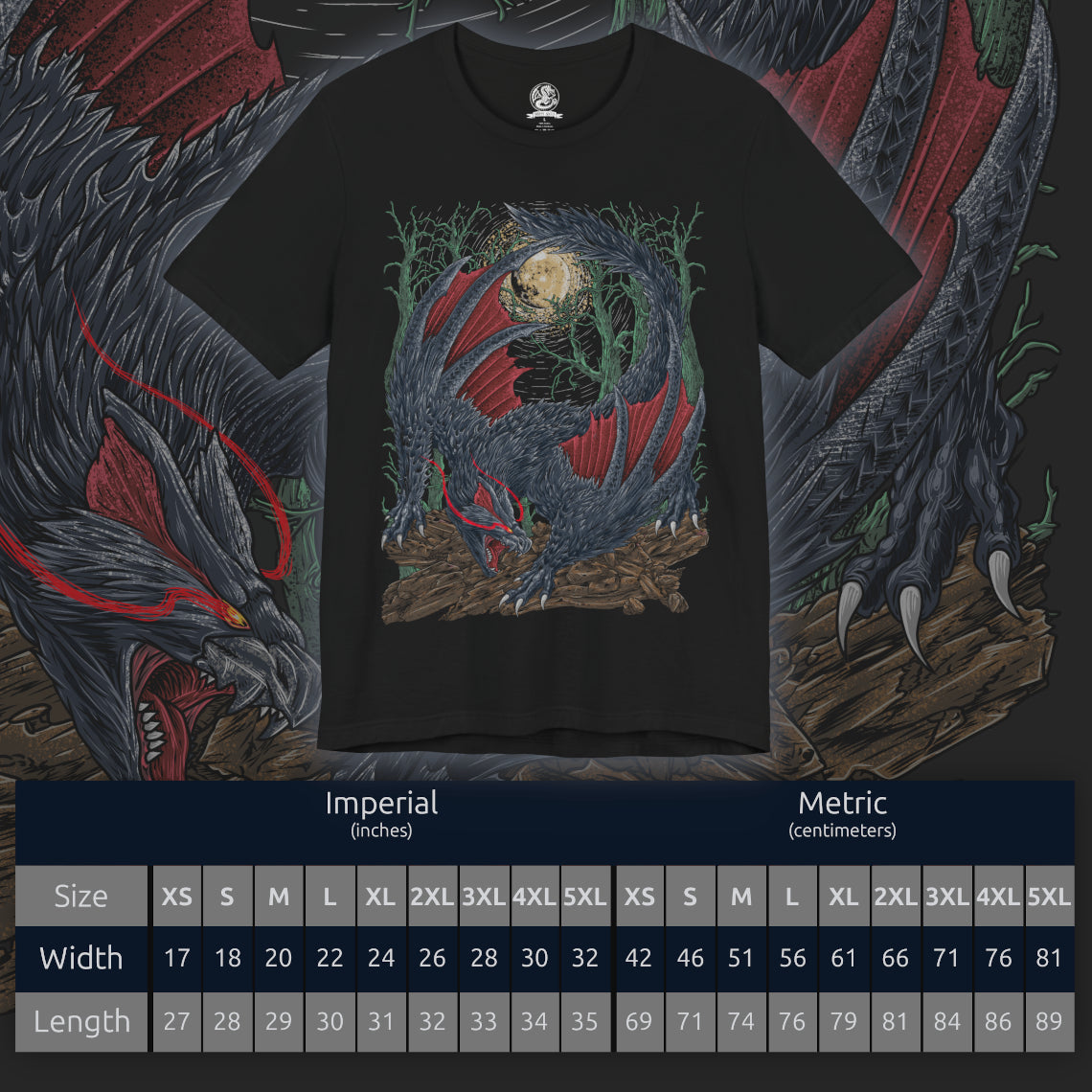 Size chart of a T-Shirt artwork depicting Nargacuga leaping through moonlit trees with blinding speed, claws extended and wings spread wide as debris scatters beneath it. Purple mist and drifting leaves surround the sleek wyvern, emphasizing silent movement and deadly agility. This design reflects the monster’s assassin-like hunting style and the constant tension of being stalked in darkness.