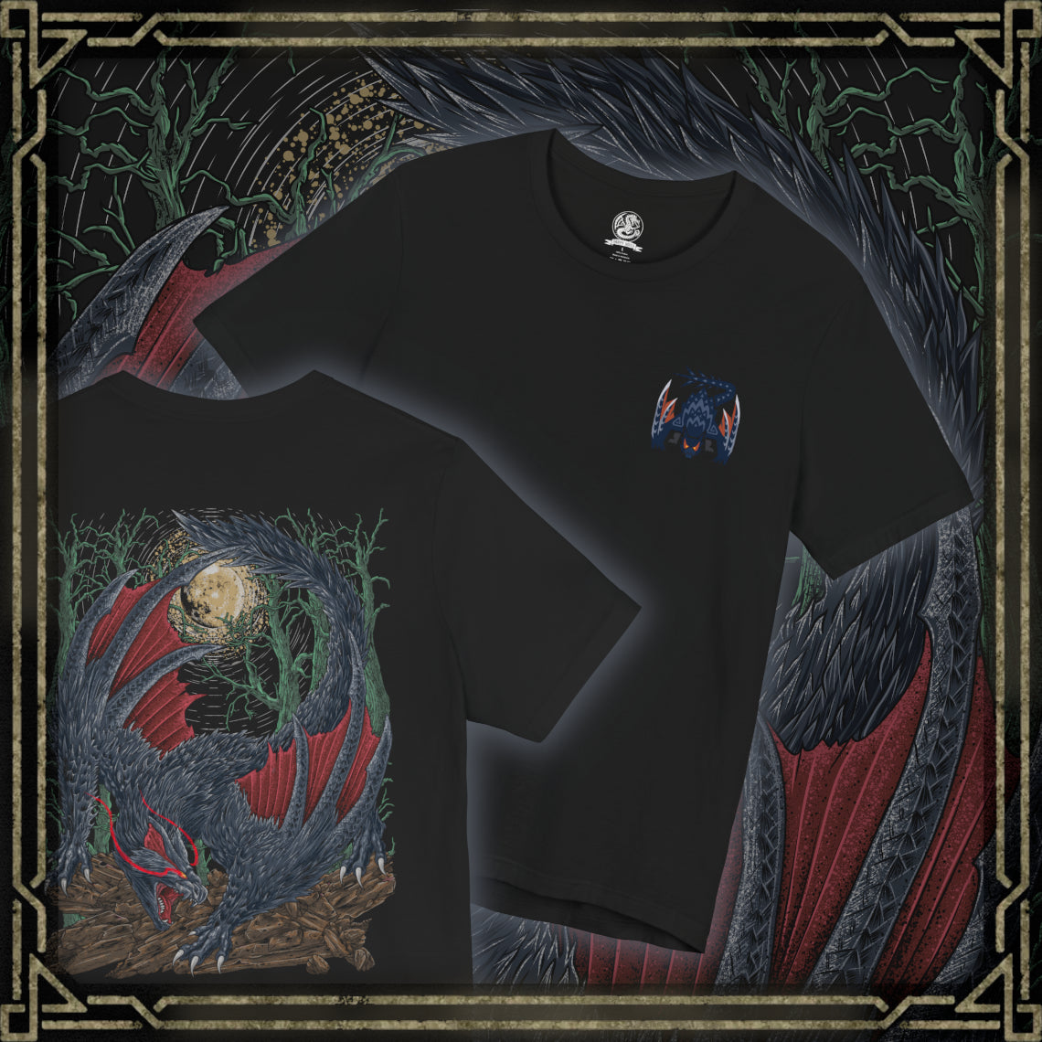 Thumbnail of a T-Shirt artwork depicting Nargacuga leaping through moonlit trees with blinding speed, claws extended and wings spread wide as debris scatters beneath it. Purple mist and drifting leaves surround the sleek wyvern, emphasizing silent movement and deadly agility. This design reflects the monster’s assassin-like hunting style and the constant tension of being stalked in darkness.