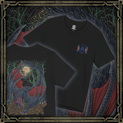 Thumbnail of a T-Shirt artwork depicting Nargacuga leaping through moonlit trees with blinding speed, claws extended and wings spread wide as debris scatters beneath it. Purple mist and drifting leaves surround the sleek wyvern, emphasizing silent movement and deadly agility. This design reflects the monster’s assassin-like hunting style and the constant tension of being stalked in darkness.