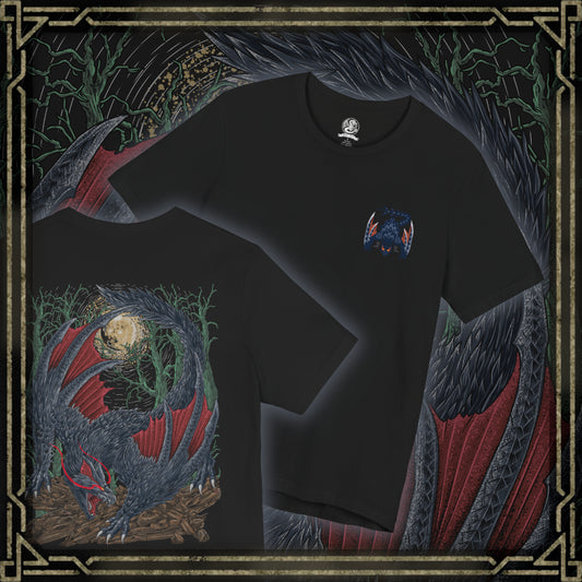 Thumbnail of a T-Shirt artwork depicting Nargacuga leaping through moonlit trees with blinding speed, claws extended and wings spread wide as debris scatters beneath it. Purple mist and drifting leaves surround the sleek wyvern, emphasizing silent movement and deadly agility. This design reflects the monster’s assassin-like hunting style and the constant tension of being stalked in darkness.