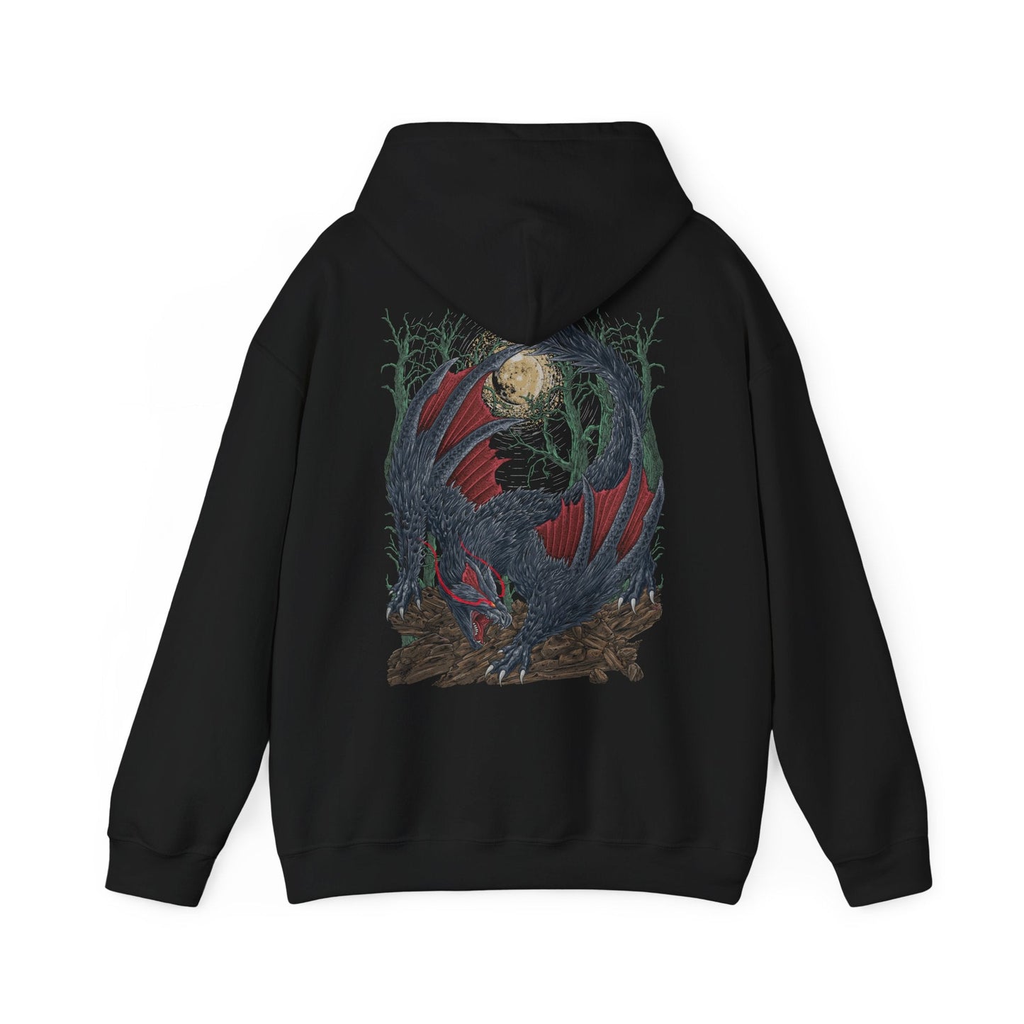 Image 5 of a Hooded Sweatshirt illustration of Nargacuga perched atop jagged rocks under a storm-dark sky, its muscular body low to the ground while its glowing eyes focus on unseen prey. Sharp tail blades gleam beneath faint moonlight as wind tears through the environment. The composition emphasizes stealth, lethal reflexes, and the terrifying elegance of a master nocturnal predator.
