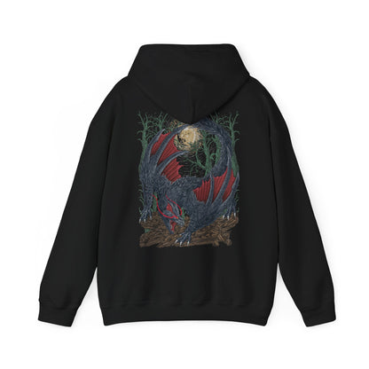 Image 5 of a Hooded Sweatshirt illustration of Nargacuga perched atop jagged rocks under a storm-dark sky, its muscular body low to the ground while its glowing eyes focus on unseen prey. Sharp tail blades gleam beneath faint moonlight as wind tears through the environment. The composition emphasizes stealth, lethal reflexes, and the terrifying elegance of a master nocturnal predator.