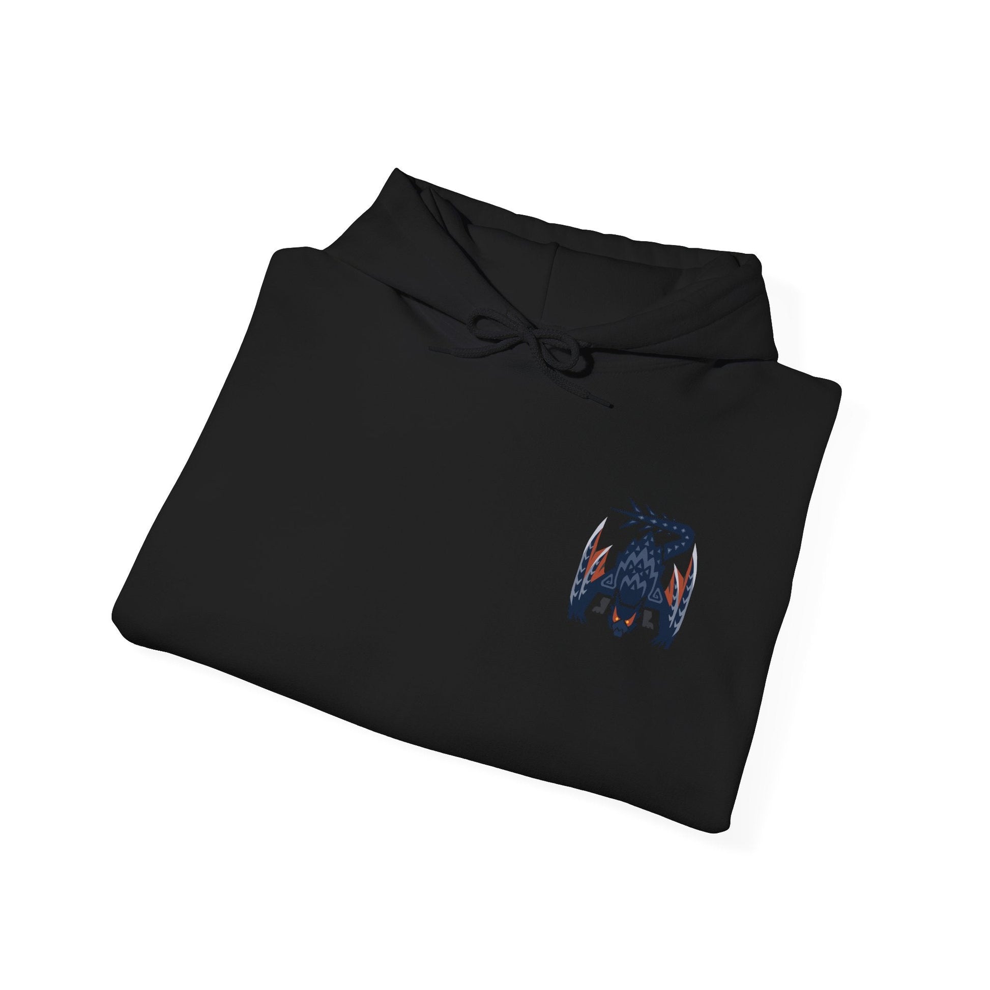 Image 6 of a Hooded Sweatshirt illustration of Nargacuga perched atop jagged rocks under a storm-dark sky, its muscular body low to the ground while its glowing eyes focus on unseen prey. Sharp tail blades gleam beneath faint moonlight as wind tears through the environment. The composition emphasizes stealth, lethal reflexes, and the terrifying elegance of a master nocturnal predator.