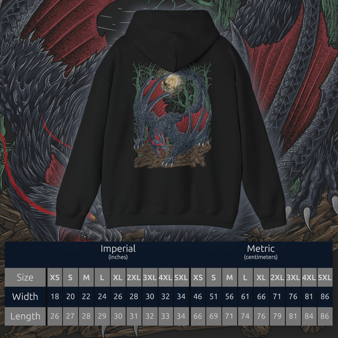 Size chart of a Hooded Sweatshirt illustration of Nargacuga perched atop jagged rocks under a storm-dark sky, its muscular body low to the ground while its glowing eyes focus on unseen prey. Sharp tail blades gleam beneath faint moonlight as wind tears through the environment. The composition emphasizes stealth, lethal reflexes, and the terrifying elegance of a master nocturnal predator.