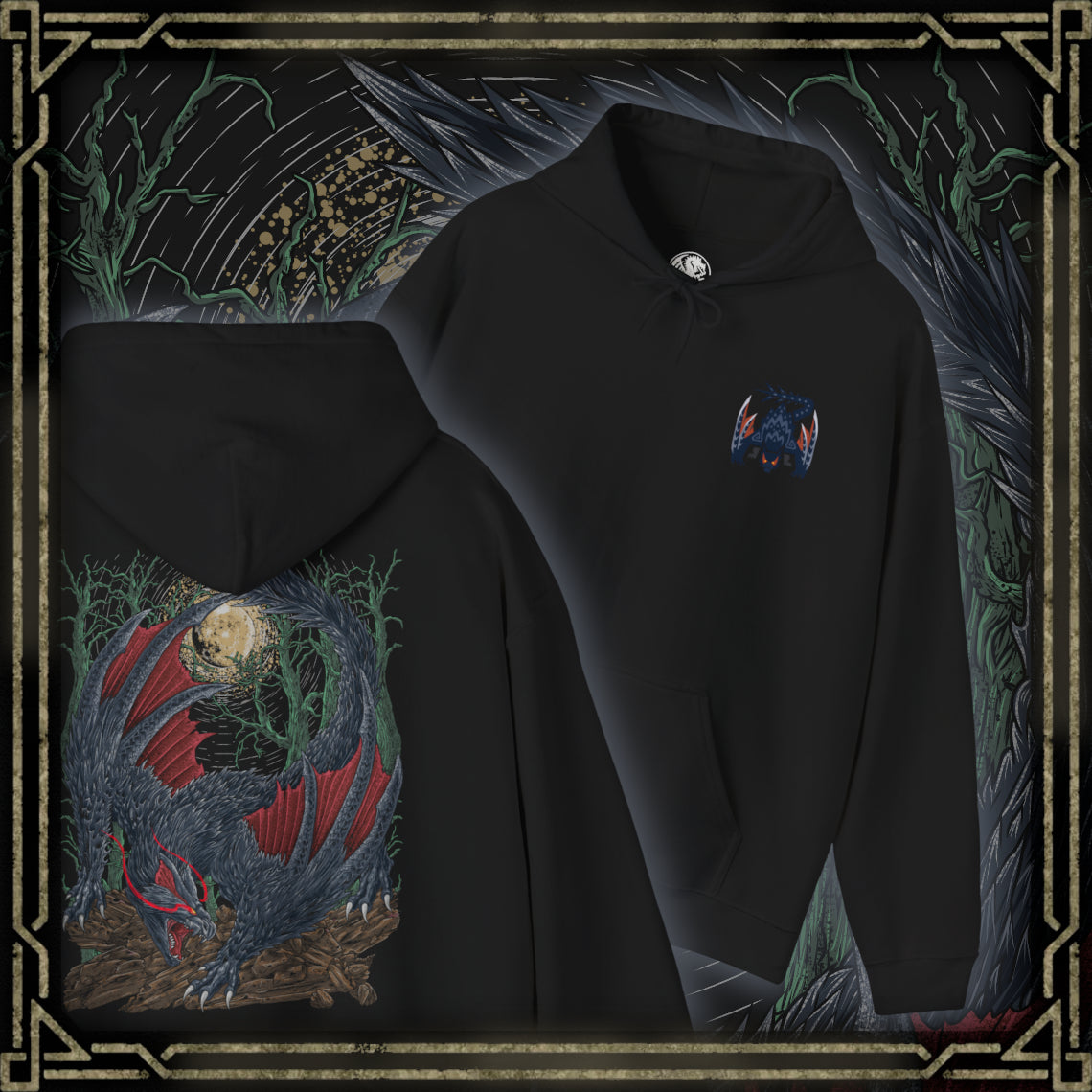 Thumbnail of a Hooded Sweatshirt illustration of Nargacuga perched atop jagged rocks under a storm-dark sky, its muscular body low to the ground while its glowing eyes focus on unseen prey. Sharp tail blades gleam beneath faint moonlight as wind tears through the environment. The composition emphasizes stealth, lethal reflexes, and the terrifying elegance of a master nocturnal predator.