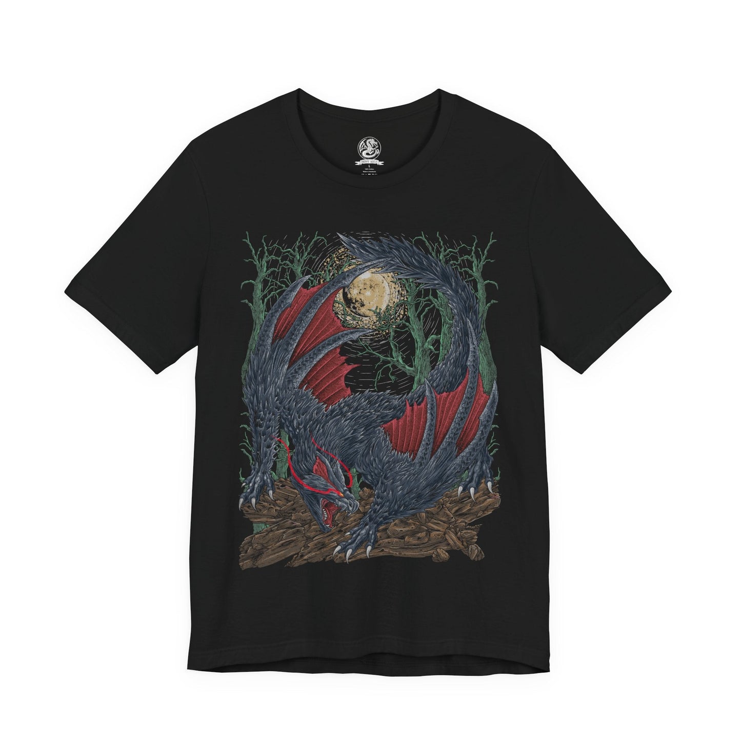 Image 4 of a T-Shirt design of Nargacuga from Monster Hunter, crouched within a dark forest as its glowing red eyes pierce through the shadows. Its black-scaled body blends into the night while razor-sharp tail spikes fan outward in preparation to strike. The design captures Nargacuga’s stealth, speed, and predatory precision as one of the most feared nocturnal wyverns.