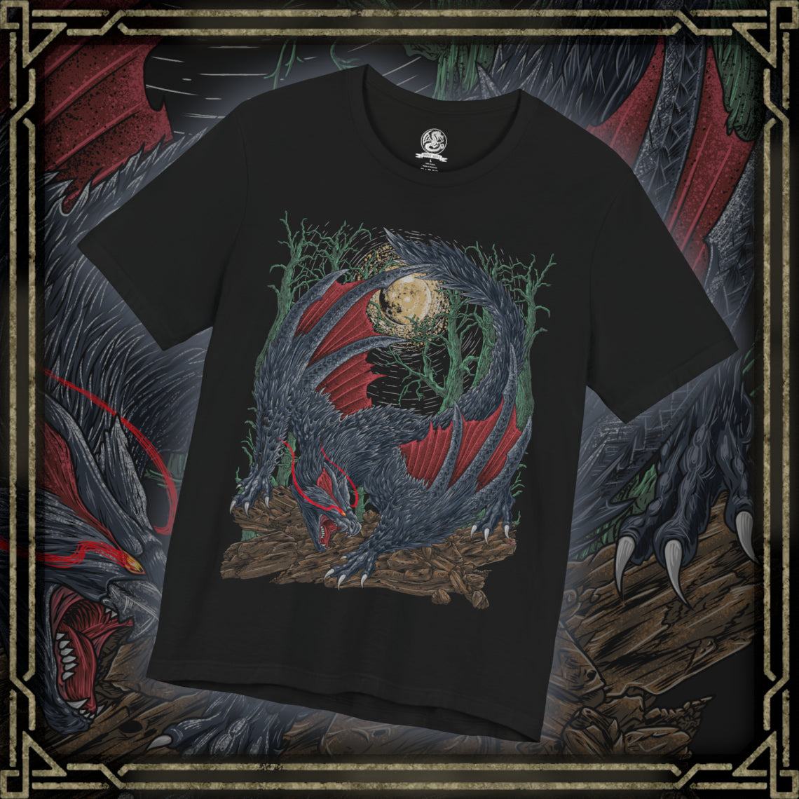 Thumbnail of a T-Shirt design of Nargacuga from Monster Hunter, crouched within a dark forest as its glowing red eyes pierce through the shadows. Its black-scaled body blends into the night while razor-sharp tail spikes fan outward in preparation to strike. The design captures Nargacuga’s stealth, speed, and predatory precision as one of the most feared nocturnal wyverns.