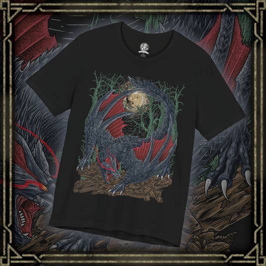 Thumbnail of a T-Shirt design of Nargacuga from Monster Hunter, crouched within a dark forest as its glowing red eyes pierce through the shadows. Its black-scaled body blends into the night while razor-sharp tail spikes fan outward in preparation to strike. The design captures Nargacuga’s stealth, speed, and predatory precision as one of the most feared nocturnal wyverns.