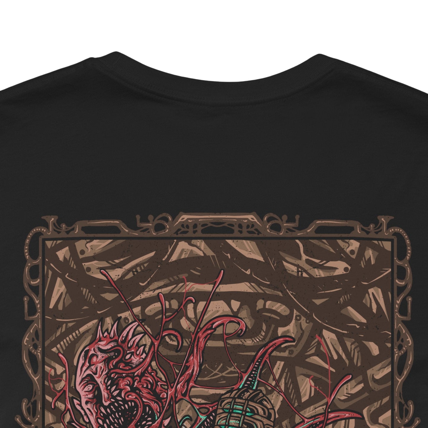 Image 7 of a T-shirt artwork depicting Isaac Clarke floating through zero-gravity halls of the Ishimura, sparks from his plasma cutter illuminating the grotesque shapes of Necromorphs lurking in the darkness. Shadows twist along cracked walls and broken machinery. The design captures the tension and dread of survival horror, embodying cosmic isolation, body horror, and the lurking menace of the Necromorph outbreak.