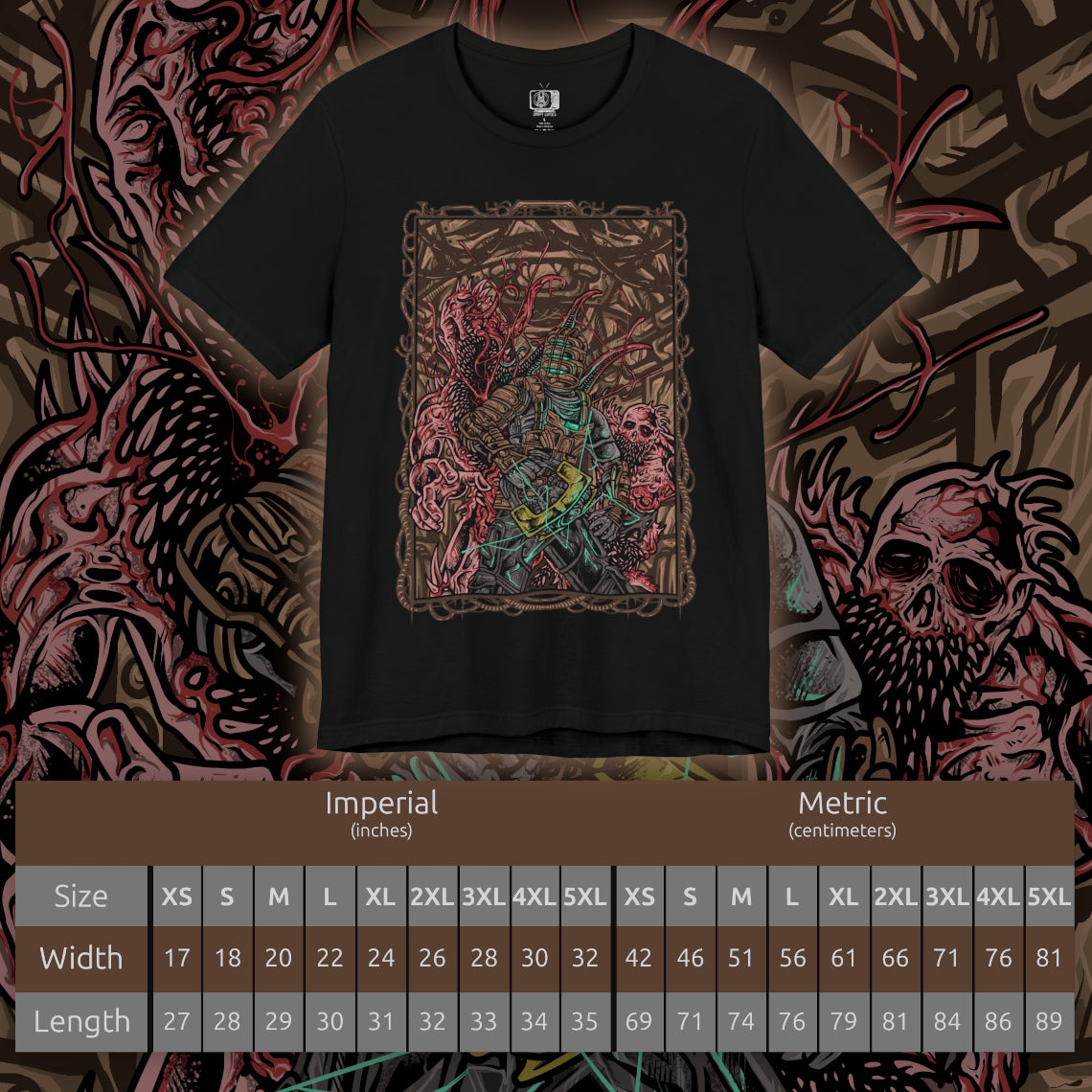 Size chart of a T-shirt artwork depicting Isaac Clarke floating through zero-gravity halls of the Ishimura, sparks from his plasma cutter illuminating the grotesque shapes of Necromorphs lurking in the darkness. Shadows twist along cracked walls and broken machinery. The design captures the tension and dread of survival horror, embodying cosmic isolation, body horror, and the lurking menace of the Necromorph outbreak.