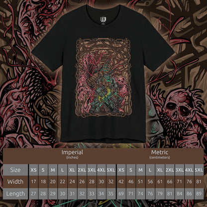 Size chart of a T-shirt artwork depicting Isaac Clarke floating through zero-gravity halls of the Ishimura, sparks from his plasma cutter illuminating the grotesque shapes of Necromorphs lurking in the darkness. Shadows twist along cracked walls and broken machinery. The design captures the tension and dread of survival horror, embodying cosmic isolation, body horror, and the lurking menace of the Necromorph outbreak.