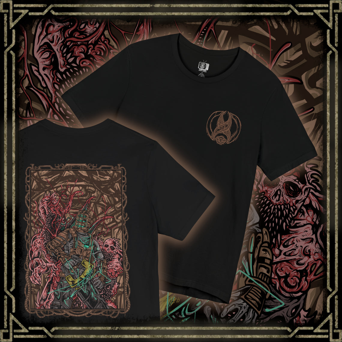 Thumbnail of a T-shirt artwork depicting Isaac Clarke floating through zero-gravity halls of the Ishimura, sparks from his plasma cutter illuminating the grotesque shapes of Necromorphs lurking in the darkness. Shadows twist along cracked walls and broken machinery. The design captures the tension and dread of survival horror, embodying cosmic isolation, body horror, and the lurking menace of the Necromorph outbreak.