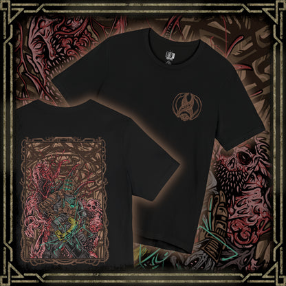 Thumbnail of a T-shirt artwork depicting Isaac Clarke floating through zero-gravity halls of the Ishimura, sparks from his plasma cutter illuminating the grotesque shapes of Necromorphs lurking in the darkness. Shadows twist along cracked walls and broken machinery. The design captures the tension and dread of survival horror, embodying cosmic isolation, body horror, and the lurking menace of the Necromorph outbreak.