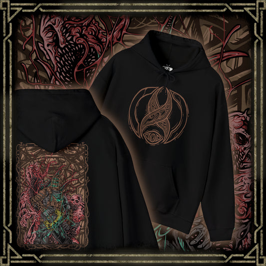 Thumbnail of a Hooded Sweatshirt depicting Isaac Clarke facing a horde of Necromorphs in the shadowed corridors of the Ishimura, their elongated limbs reaching toward him as debris drifts in the air. Red emergency lights cast stark glows across twisted, alien forms. The design captures the terrifying atmosphere of Dead Space, embodying fear, mutation, and the claustrophobic terror of a ship overrun by the undead.