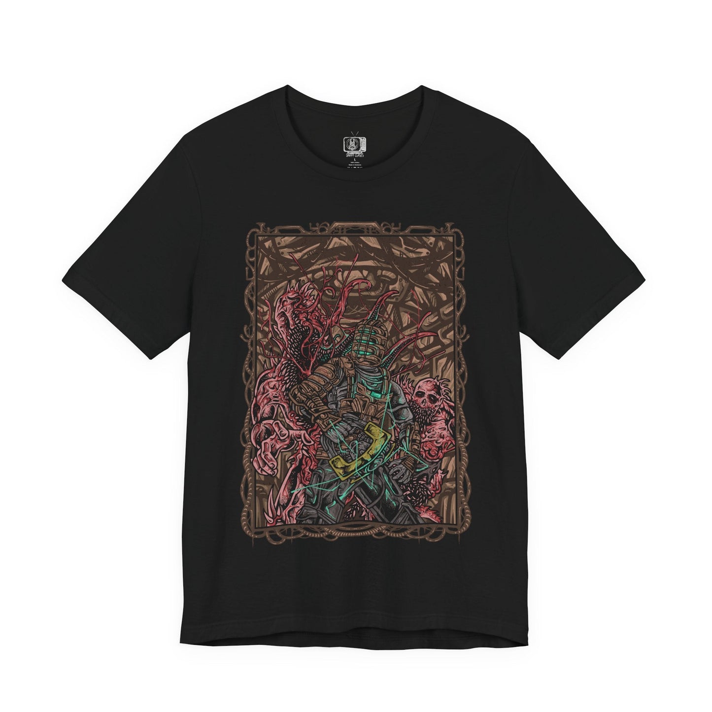 Image 4 of a T-shirt artwork depicting Isaac Clarke navigating the dark, decaying corridors of the USG Ishimura, his plasma cutter glowing as twisted Necromorphs reach from the shadows. Flickering lights reveal scattered debris and the skeletal forms of the fallen crew. The design captures Isaac’s struggle for survival, embodying space horror, isolation, and the relentless threat of mutation.