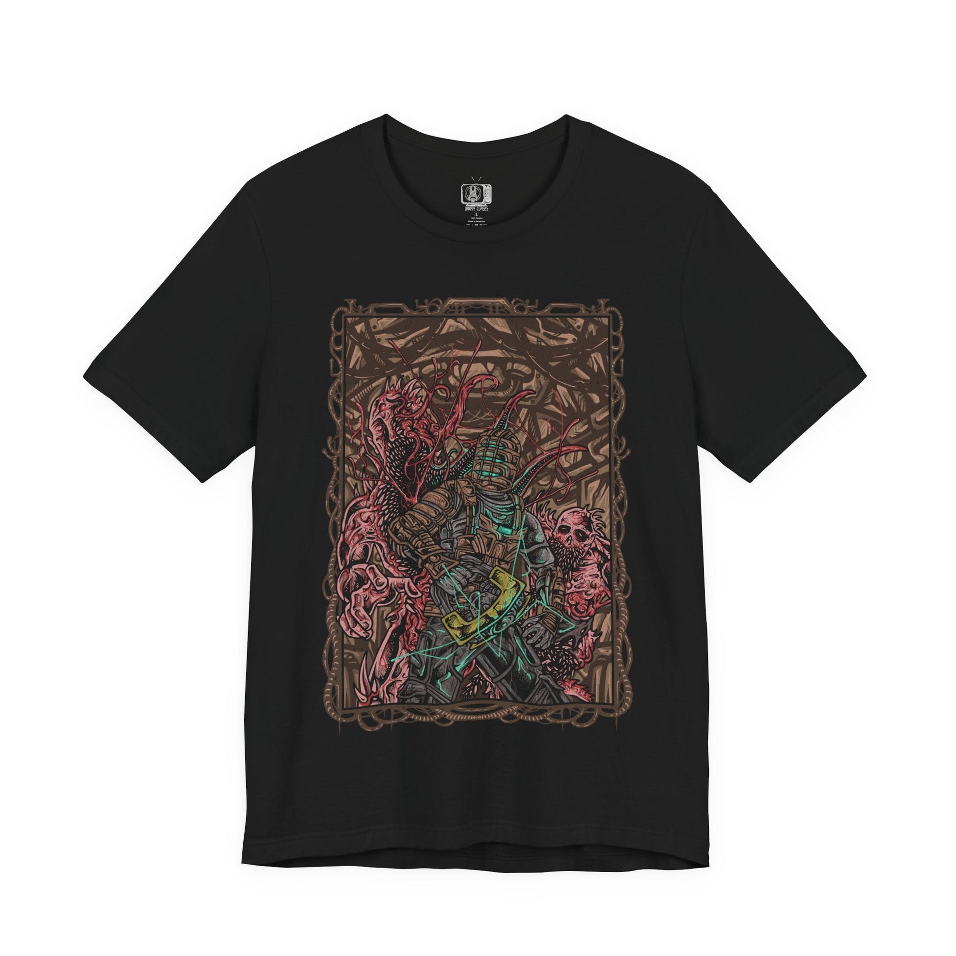 Image 4 of a T-shirt artwork depicting Isaac Clarke navigating the dark, decaying corridors of the USG Ishimura, his plasma cutter glowing as twisted Necromorphs reach from the shadows. Flickering lights reveal scattered debris and the skeletal forms of the fallen crew. The design captures Isaac’s struggle for survival, embodying space horror, isolation, and the relentless threat of mutation.