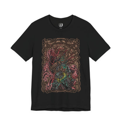 Image 4 of a T-shirt artwork depicting Isaac Clarke navigating the dark, decaying corridors of the USG Ishimura, his plasma cutter glowing as twisted Necromorphs reach from the shadows. Flickering lights reveal scattered debris and the skeletal forms of the fallen crew. The design captures Isaac’s struggle for survival, embodying space horror, isolation, and the relentless threat of mutation.