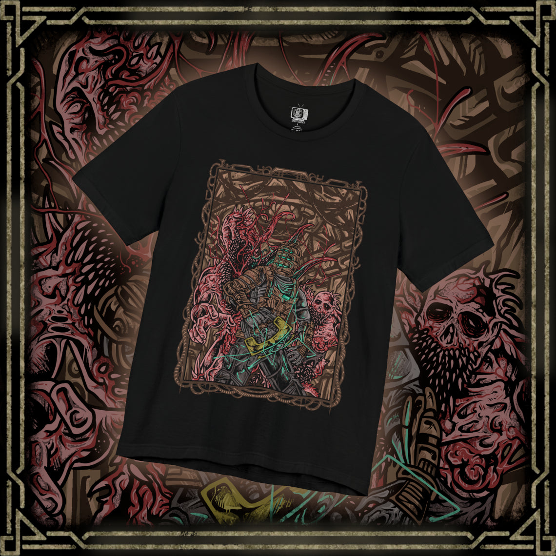 Thumbnail of a T-shirt artwork depicting Isaac Clarke navigating the dark, decaying corridors of the USG Ishimura, his plasma cutter glowing as twisted Necromorphs reach from the shadows. Flickering lights reveal scattered debris and the skeletal forms of the fallen crew. The design captures Isaac’s struggle for survival, embodying space horror, isolation, and the relentless threat of mutation.