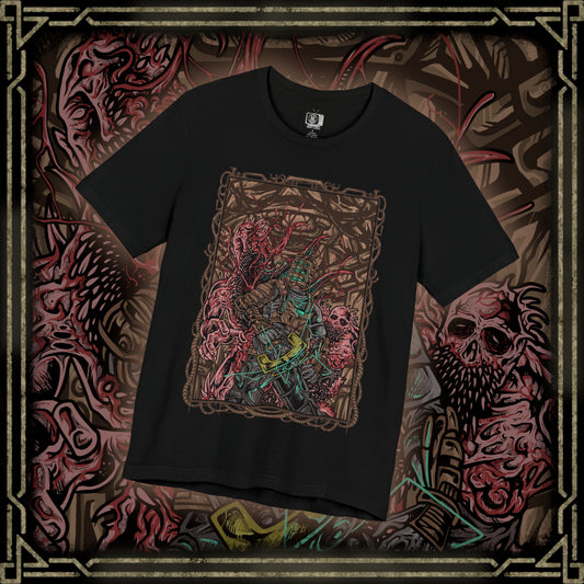 Thumbnail of a T-shirt artwork depicting Isaac Clarke navigating the dark, decaying corridors of the USG Ishimura, his plasma cutter glowing as twisted Necromorphs reach from the shadows. Flickering lights reveal scattered debris and the skeletal forms of the fallen crew. The design captures Isaac’s struggle for survival, embodying space horror, isolation, and the relentless threat of mutation.