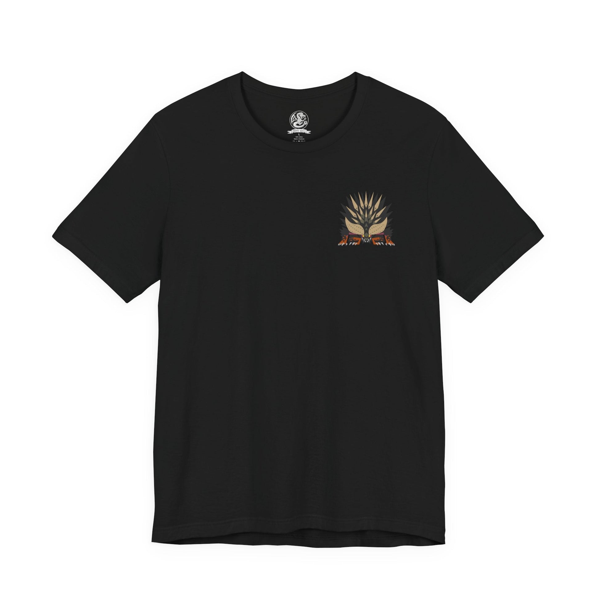 Image 4 of a T-Shirt artwork depicting Nergigante diving from the sky with claws extended, its spike-covered wings spread wide as the ground below erupts in destruction. Jagged black spikes burst from its body while dust and rock scatter in every direction. This design reflects the creature’s brutal aggression, unmatched physical power, and role as one of Monster Hunter’s most feared predators.