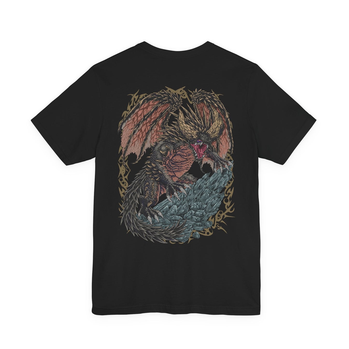 Image 5 of a T-Shirt artwork depicting Nergigante diving from the sky with claws extended, its spike-covered wings spread wide as the ground below erupts in destruction. Jagged black spikes burst from its body while dust and rock scatter in every direction. This design reflects the creature’s brutal aggression, unmatched physical power, and role as one of Monster Hunter’s most feared predators.