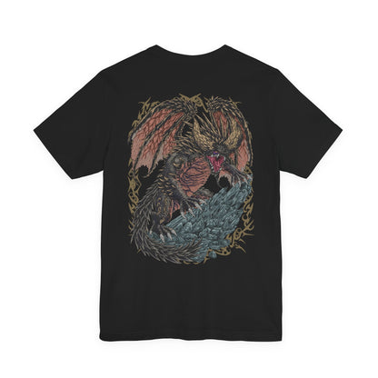 Image 5 of a T-Shirt artwork depicting Nergigante diving from the sky with claws extended, its spike-covered wings spread wide as the ground below erupts in destruction. Jagged black spikes burst from its body while dust and rock scatter in every direction. This design reflects the creature’s brutal aggression, unmatched physical power, and role as one of Monster Hunter’s most feared predators.