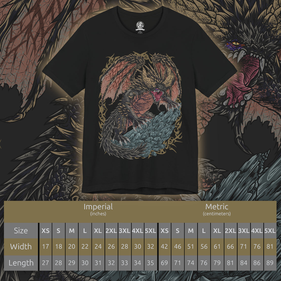 Size chart of a T-Shirt artwork depicting Nergigante diving from the sky with claws extended, its spike-covered wings spread wide as the ground below erupts in destruction. Jagged black spikes burst from its body while dust and rock scatter in every direction. This design reflects the creature’s brutal aggression, unmatched physical power, and role as one of Monster Hunter’s most feared predators.