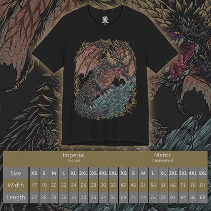Size chart of a T-Shirt artwork depicting Nergigante diving from the sky with claws extended, its spike-covered wings spread wide as the ground below erupts in destruction. Jagged black spikes burst from its body while dust and rock scatter in every direction. This design reflects the creature’s brutal aggression, unmatched physical power, and role as one of Monster Hunter’s most feared predators.