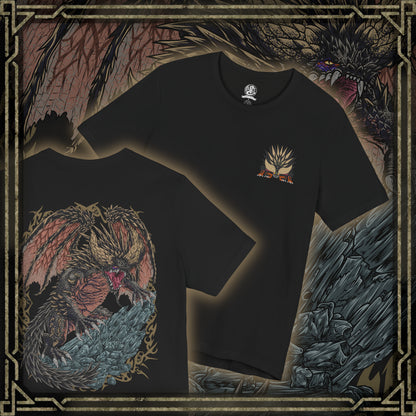 Thumbnail of a T-Shirt artwork depicting Nergigante diving from the sky with claws extended, its spike-covered wings spread wide as the ground below erupts in destruction. Jagged black spikes burst from its body while dust and rock scatter in every direction. This design reflects the creature’s brutal aggression, unmatched physical power, and role as one of Monster Hunter’s most feared predators.
