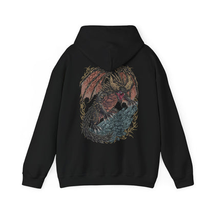 Image 5 of a Hooded Sweatshirt of Nergigante standing amid ruins and shattered stone, its massive body covered in hardened spikes and battle scars. Smoke and ash drift through the air while its glowing eyes stare down unseen prey. The composition emphasizes dominance, primal violence, and the unstoppable force of an Elder Dragon born to destroy anything in its path.