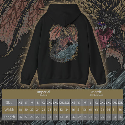 Size chart of a Hooded Sweatshirt of Nergigante standing amid ruins and shattered stone, its massive body covered in hardened spikes and battle scars. Smoke and ash drift through the air while its glowing eyes stare down unseen prey. The composition emphasizes dominance, primal violence, and the unstoppable force of an Elder Dragon born to destroy anything in its path.