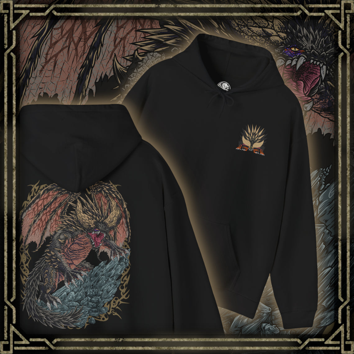 Thumbnail of a Hooded Sweatshirt of Nergigante standing amid ruins and shattered stone, its massive body covered in hardened spikes and battle scars. Smoke and ash drift through the air while its glowing eyes stare down unseen prey. The composition emphasizes dominance, primal violence, and the unstoppable force of an Elder Dragon born to destroy anything in its path.