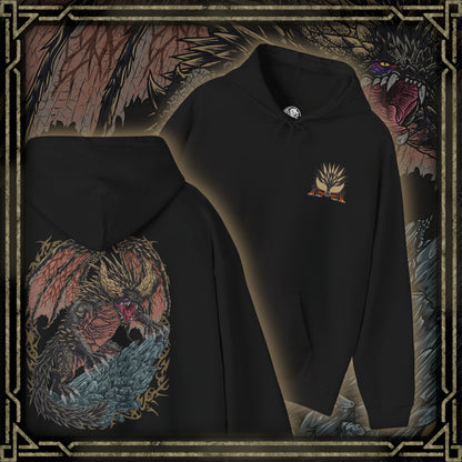 Thumbnail of a Hooded Sweatshirt of Nergigante standing amid ruins and shattered stone, its massive body covered in hardened spikes and battle scars. Smoke and ash drift through the air while its glowing eyes stare down unseen prey. The composition emphasizes dominance, primal violence, and the unstoppable force of an Elder Dragon born to destroy anything in its path.