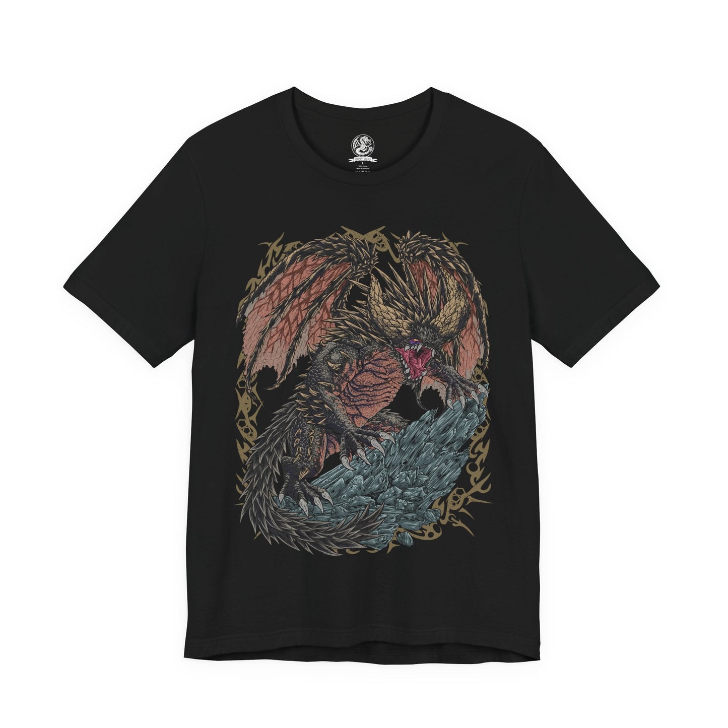 Image 4 of a T-Shirt design of Nergigante from Monster Hunter, the Elder Dragon covered in black scales and massive white spikes, roaring atop a shattered battlefield. Broken horns, flying debris, and dark clouds surround its muscular body as it prepares to charge. The design captures Nergigante’s savage nature, overwhelming strength, and relentless drive to hunt other Elder Dragons.