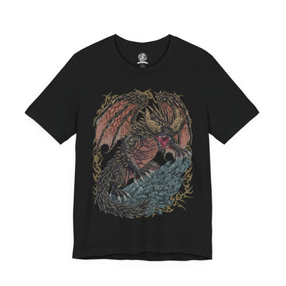 Image 4 of a T-Shirt design of Nergigante from Monster Hunter, the Elder Dragon covered in black scales and massive white spikes, roaring atop a shattered battlefield. Broken horns, flying debris, and dark clouds surround its muscular body as it prepares to charge. The design captures Nergigante’s savage nature, overwhelming strength, and relentless drive to hunt other Elder Dragons.