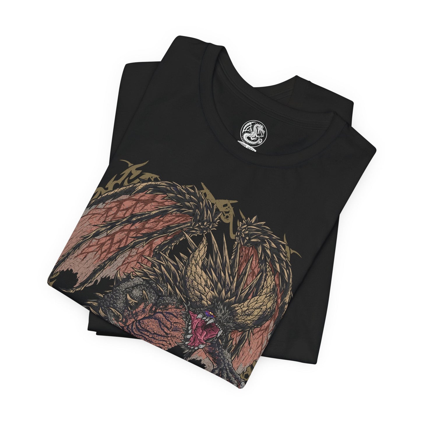 Image 5 of a T-Shirt design of Nergigante from Monster Hunter, the Elder Dragon covered in black scales and massive white spikes, roaring atop a shattered battlefield. Broken horns, flying debris, and dark clouds surround its muscular body as it prepares to charge. The design captures Nergigante’s savage nature, overwhelming strength, and relentless drive to hunt other Elder Dragons.