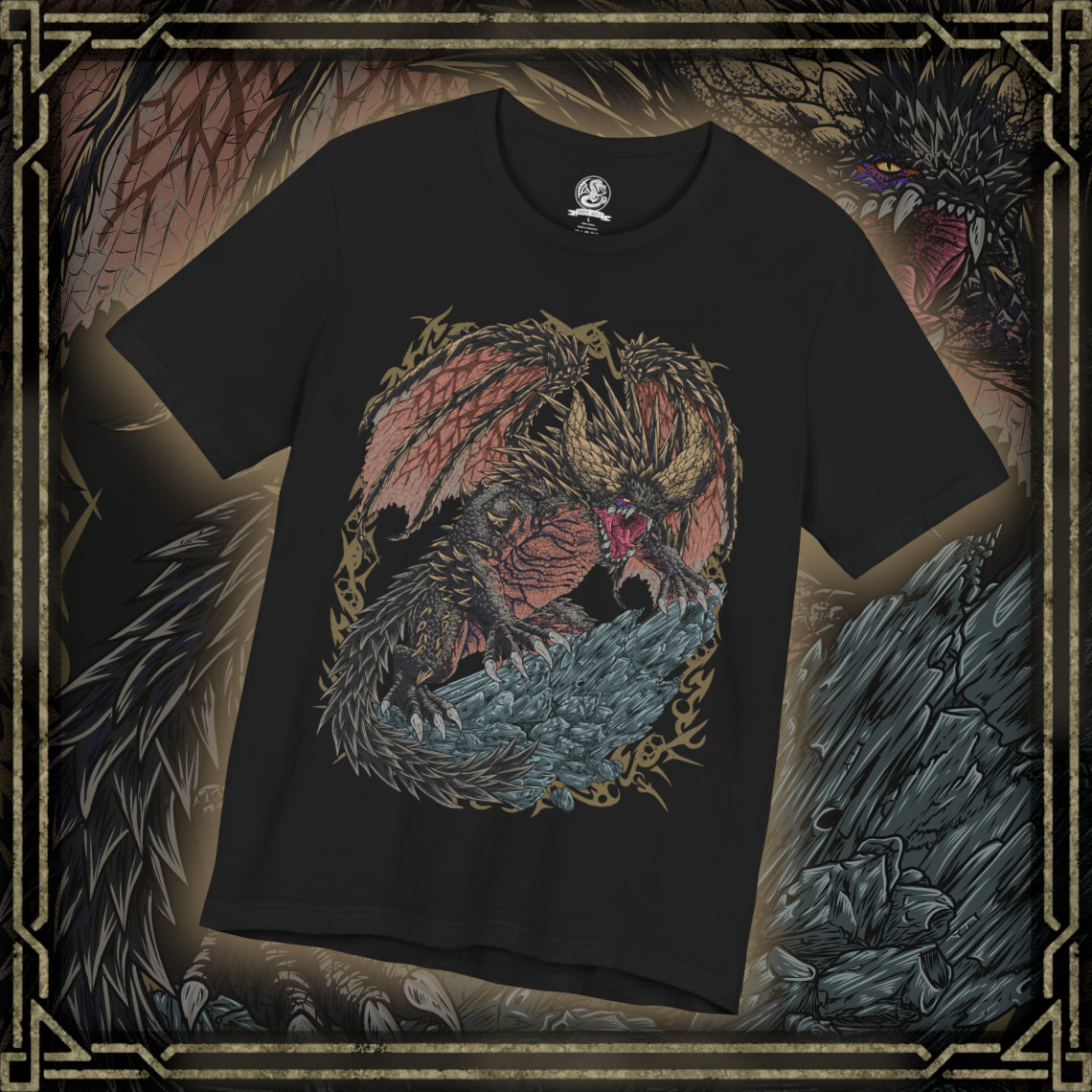 Thumbnail of a T-Shirt design of Nergigante from Monster Hunter, the Elder Dragon covered in black scales and massive white spikes, roaring atop a shattered battlefield. Broken horns, flying debris, and dark clouds surround its muscular body as it prepares to charge. The design captures Nergigante’s savage nature, overwhelming strength, and relentless drive to hunt other Elder Dragons.