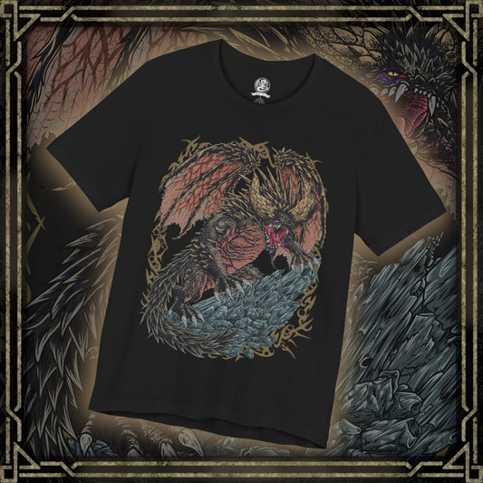 Thumbnail of a T-Shirt design of Nergigante from Monster Hunter, the Elder Dragon covered in black scales and massive white spikes, roaring atop a shattered battlefield. Broken horns, flying debris, and dark clouds surround its muscular body as it prepares to charge. The design captures Nergigante’s savage nature, overwhelming strength, and relentless drive to hunt other Elder Dragons.