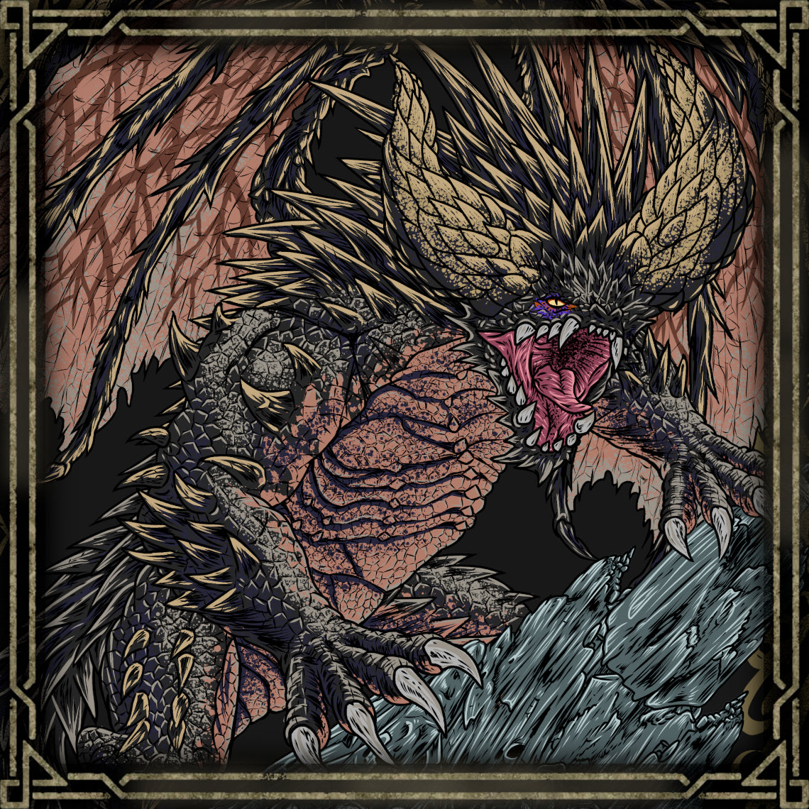 Wallpaper of Nergigante the Extinction Dragon. Known as the Eater of Elders, Nergigante thrives in chaos, attacking even the strongest dragons without hesitation. Its spikes harden and regrow during battle, turning its own body into a deadly weapon. In the world of Monster Hunter, Nergigante represents raw survival instinct and unstoppable predatory force.