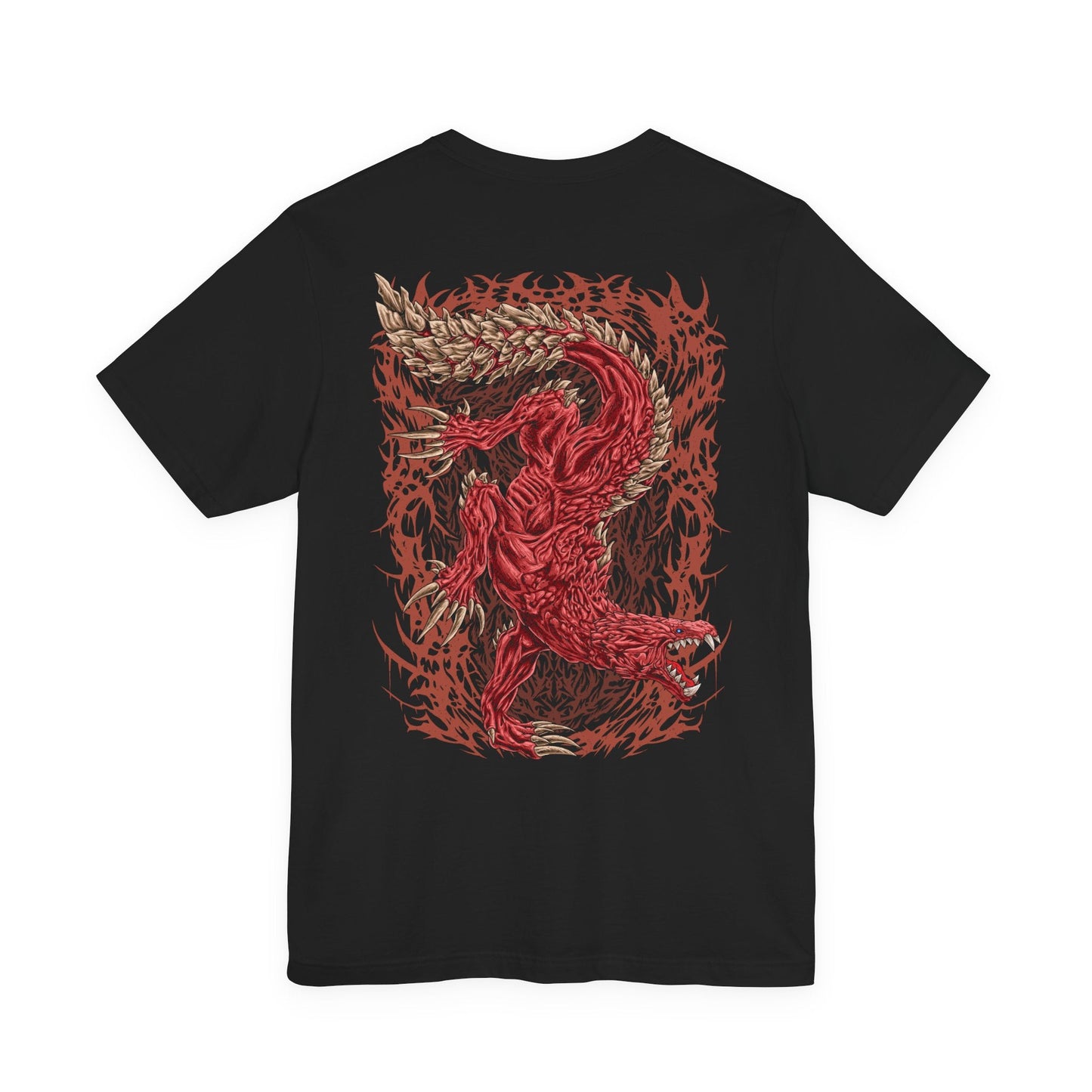 Image 5 of a T-Shirt artwork depicting Odogaron lunging across the Rotten Vale with blinding speed, its blood-red hide glistening beneath dim cavern light as claws tear through stone. Skeletal remains and drifting spores surround the beast while its glowing eyes lock onto unseen prey. This design reflects the creature's relentless pursuit, savage combat style, and dominance as one of the apex predators lurking beneath the surface.